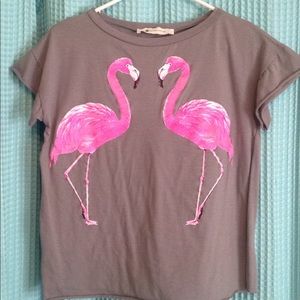 Gray shirt with pink flamingos
